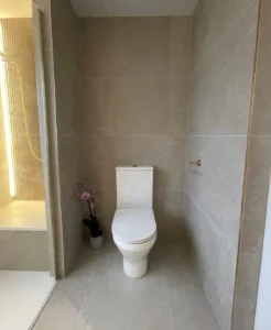 WC alcove lined with large warm beige satin tiles and brass fittings