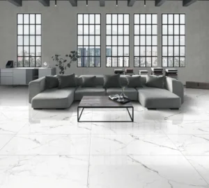 White statuario matt floor tiles in a spacious open-plan living room