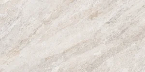 White matt porcelain tile with natural diagonal quartz stone veining in soft grey