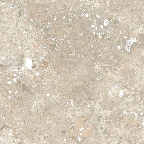 Warm beige stone-effect matt porcelain tile with scattered white mineral flecks