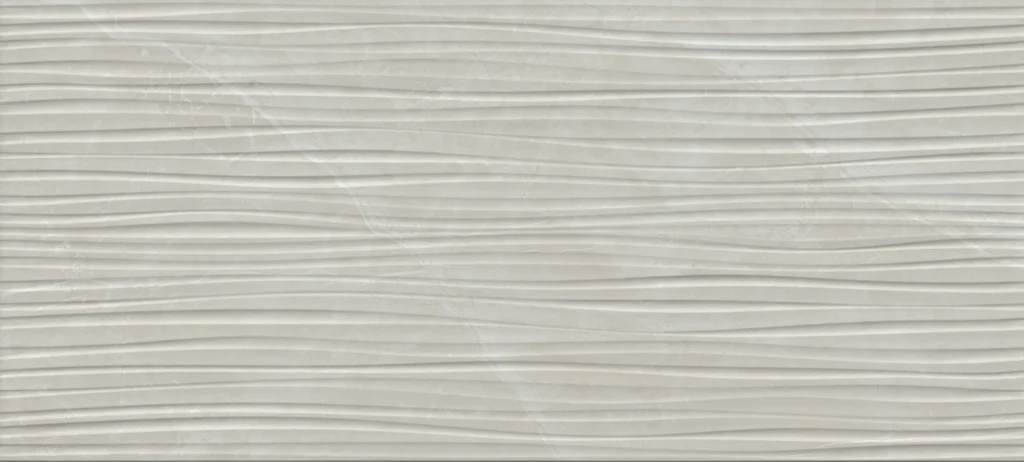 Sand-toned porcelain wall tile with rippling wave relief surface texture