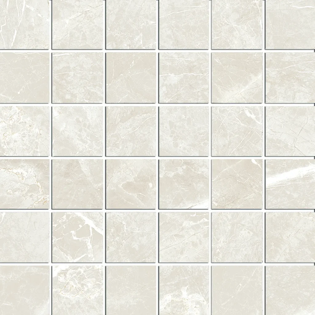 Square mosaic tiles in cream marble-effect with soft grey veining