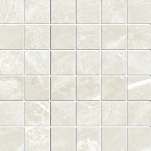 Square mosaic tiles in cream marble-effect with soft grey veining