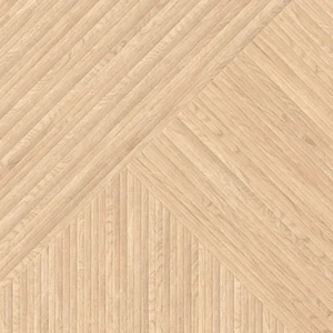 Beige matt porcelain tile with a geometric chevron wood-grain pattern