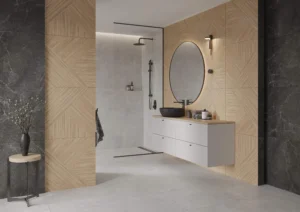 Modern bathroom with geometric beige wood-effect wall tiles and dark marble accent walls