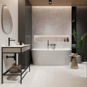 Stylish bathroom with textured stone-effect wall tiles behind a freestanding white bath