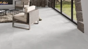 White matt large-format porcelain tiles in a contemporary lounge