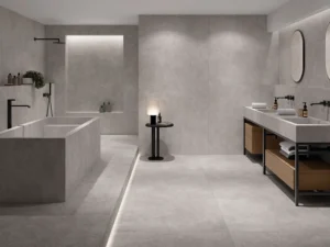Contemporary bathroom with mid-grey matt tiles covering walls, floor, and bathtub