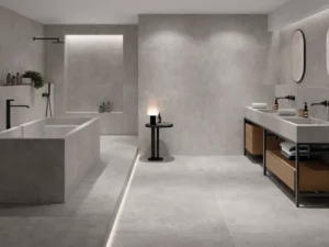 Spacious modern bathroom with grey stone-effect tiles on walls, floor, and bath surround