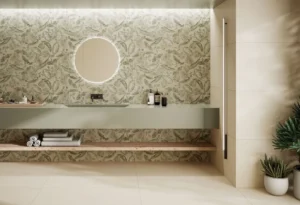 Modern bathroom with tropical leaf decor wall tiles behind a floating grey vanity