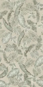 Botanical decor tile with sage green tropical leaves and flowers on a beige ground