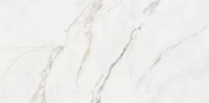 White marble-effect porcelain tile with soft grey and olive veining on a matte natural finish