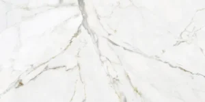 Close-up of white porcelain tile with bold grey and gold marble veining radiating from centre