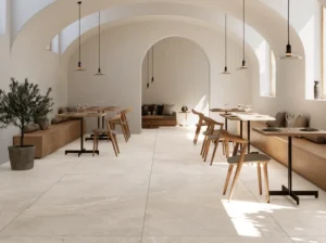 Arched restaurant interior with large-format white stone-effect porcelain floor tiles