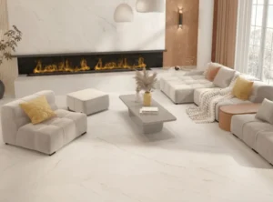Bright open-plan living room with white marble-effect porcelain floor tiles