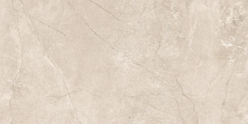 Close-up of beige matt porcelain tile with natural stone-effect veining