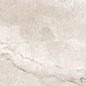 Beige stone-look porcelain tile with bold diagonal vein running across surface