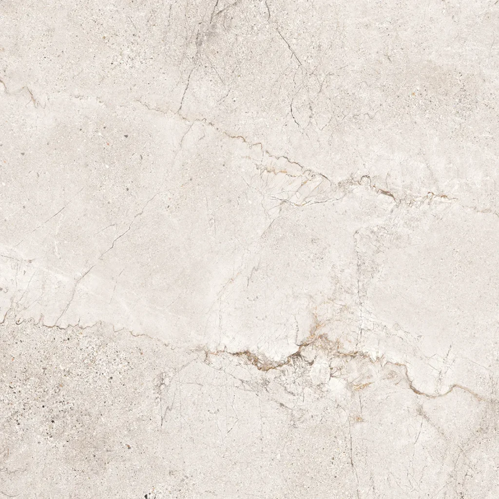 Light beige porcelain tile with natural stone-look cracked veining and matte finish