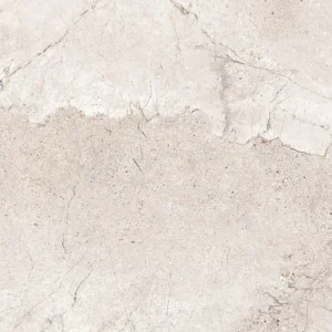 Close-up of a beige porcelain tile with sandy texture and fine grey veining