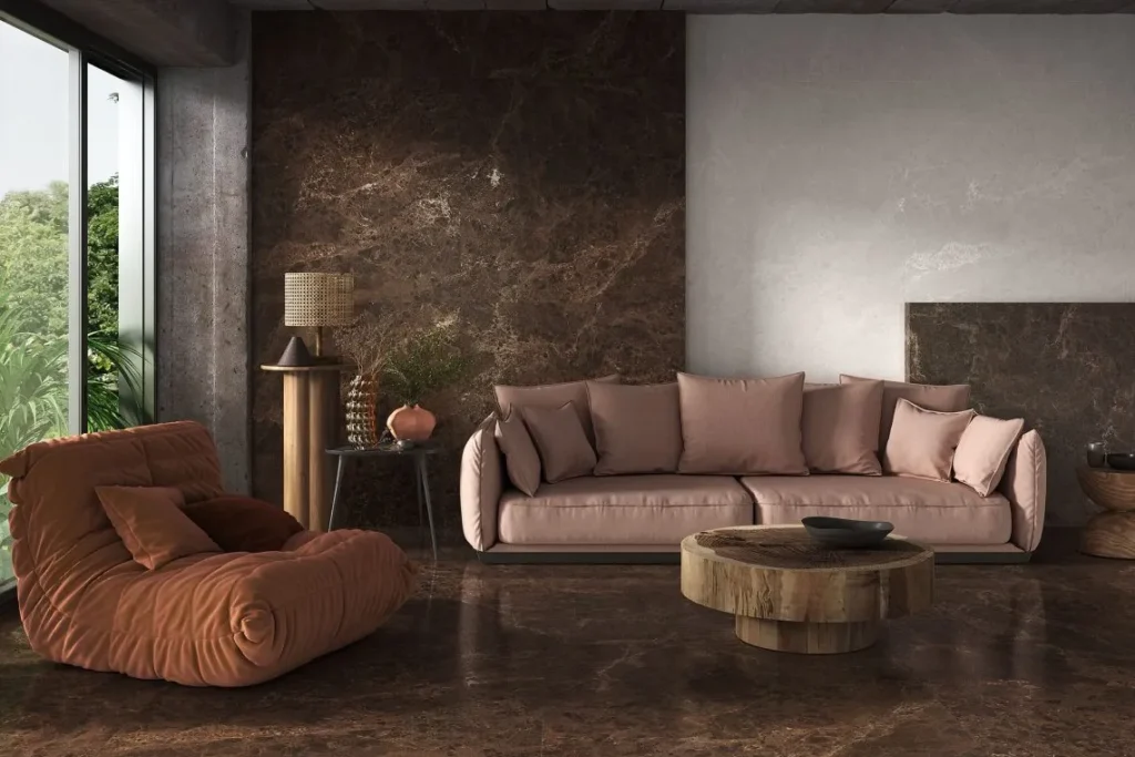 Polished dark brown stone-look tiles on floor and feature wall in lounge