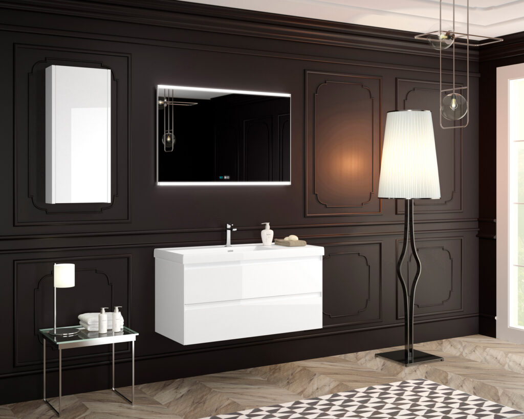 Gloss white wall hung vanity unit with integrated basin and LED mirror against dark panelled wall
