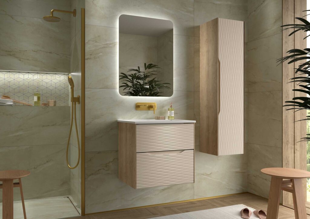 Beige ribbed 600mm vanity unit with integrated basin, matching tall cabinet and gold fittings