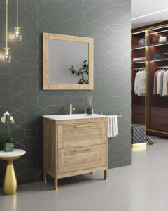 Natural oak vanity unit with brass handles against geometric dark grey wall