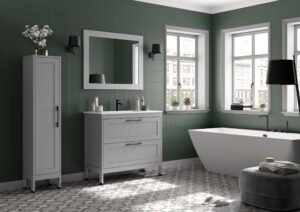 Grey freestanding vanity unit with two drawers in green-walled bathroom