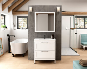 White freestanding vanity unit with black handles in rustic beamed bathroom