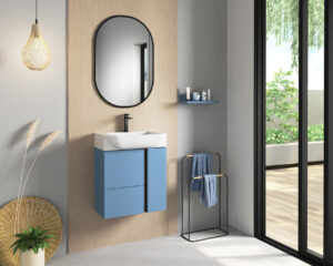Blue wall-hung vanity unit with white countertop basin and black oval mirror above