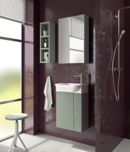 Sage green 450mm wall hung vanity unit with white basin in a plum mosaic tiled bathroom