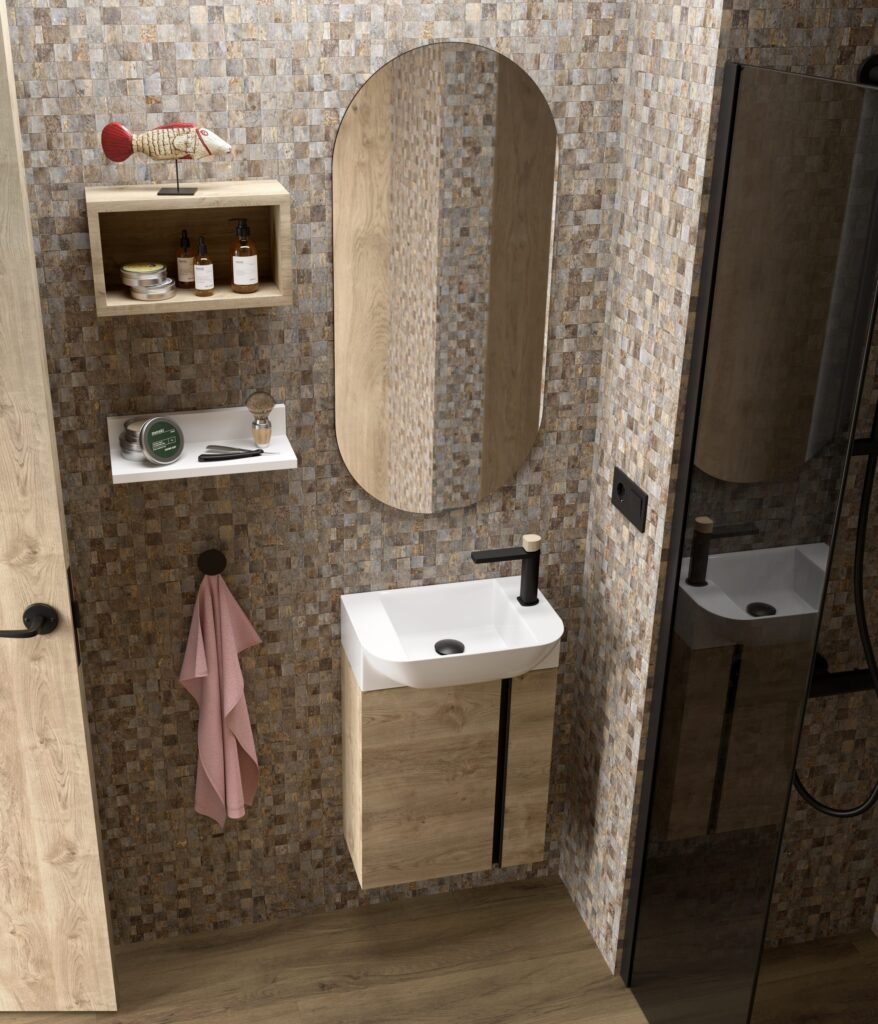 Oak-finish 450mm wall hung vanity with white basin and black tap against mosaic tiles