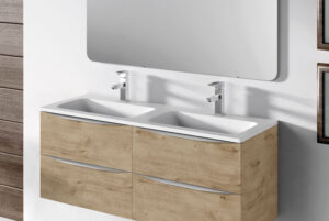 Double inset washbasin on four-drawer oak wall-hung vanity with wide mirror above