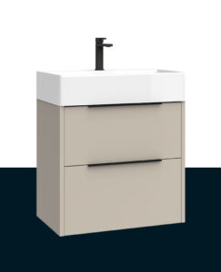 Matte mink two-drawer wall hung vanity unit with white basin and matte black tap and handles