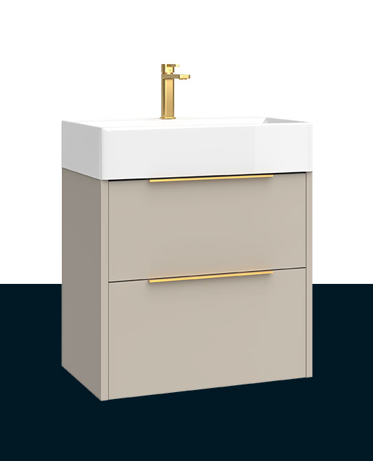 Matte mink two-drawer wall hung vanity unit with white basin and brushed gold tap and handles