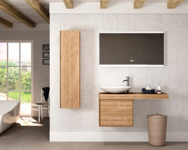 Natural oak floating vanity with vessel basin and tall wall cabinet