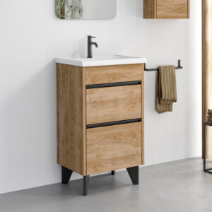Natural oak two-drawer freestanding vanity unit with matte black handles and white basin
