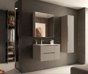 Mocha grey two-drawer vanity unit with mirrored cabinet on dark marble wall