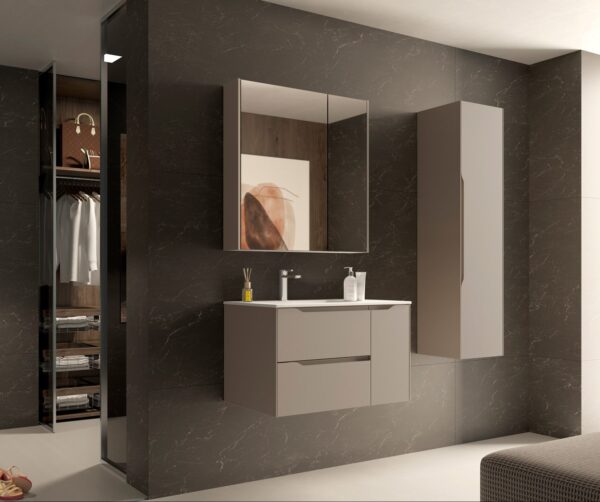 Mocha grey two-drawer vanity unit with mirrored cabinet on dark marble wall