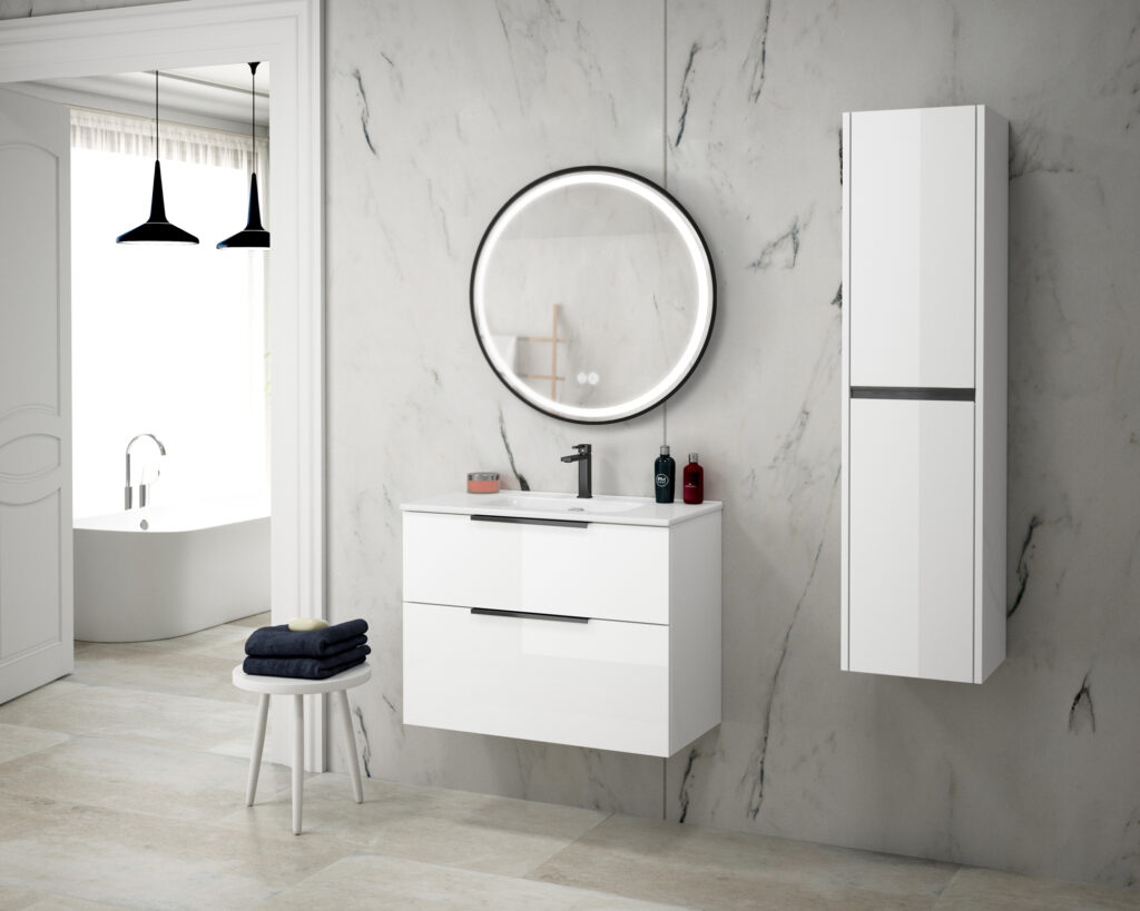 Gloss white wall hung vanity unit with round backlit mirror against marble-effect wall