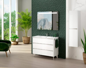White gloss freestanding vanity unit with three drawers and tall side storage cabinet