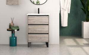 Light grey wood effect freestanding vanity unit with three drawers and black metal legs