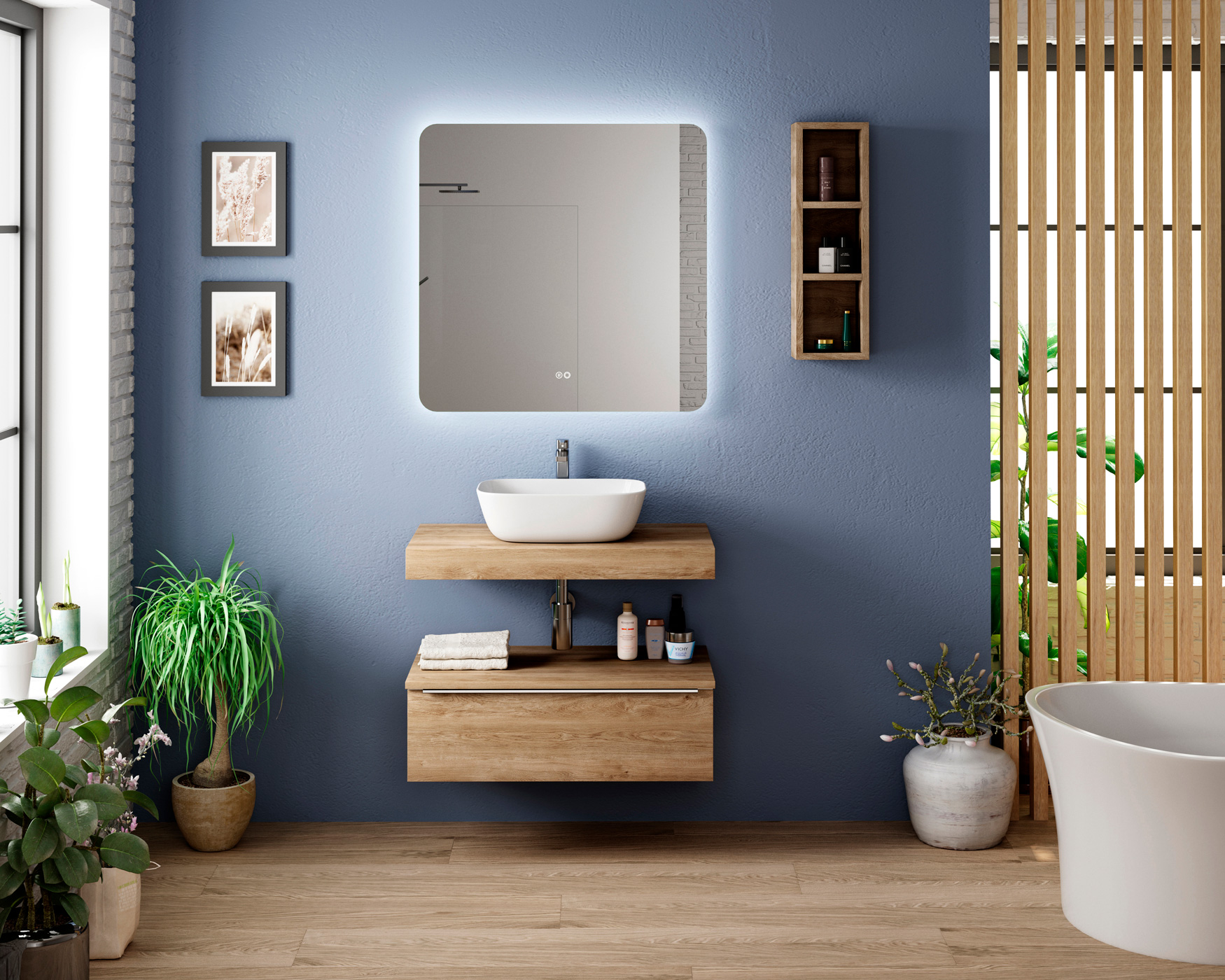 Round white vessel basin on oak floating shelf with backlit LED mirror against blue wall