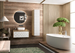 White ribbed wall hung vanity with vessel basin and backlit round mirror