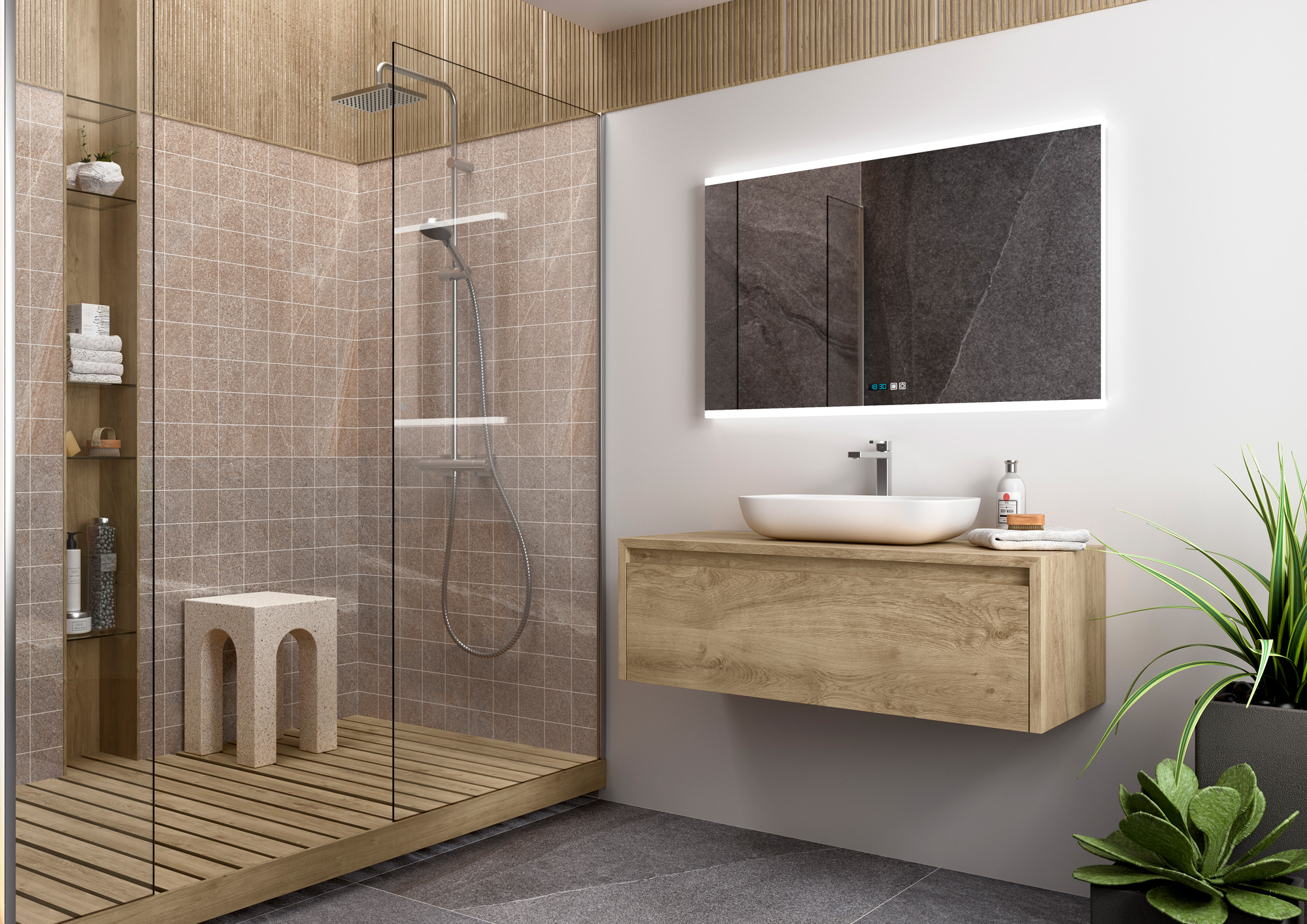 Natural oak 800mm wall hung vanity unit with white vessel basin beside walk-in shower