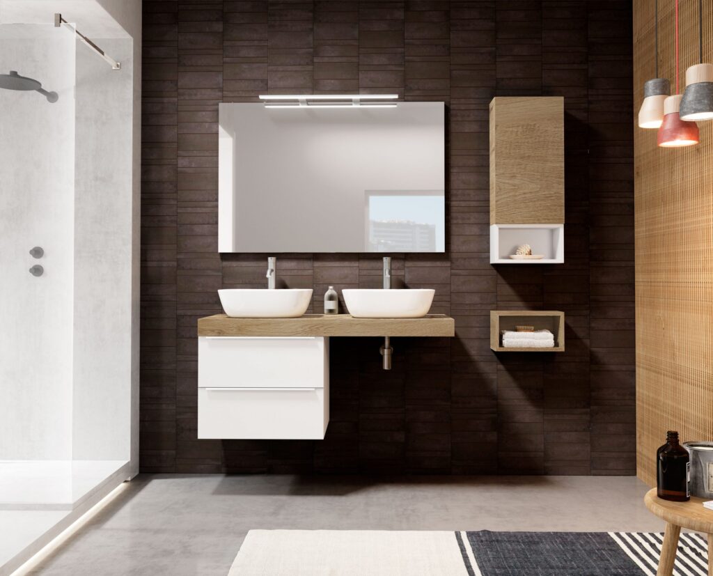 Double vessel basin setup on oak shelf with white drawer unit against dark wood-effect wall tiles