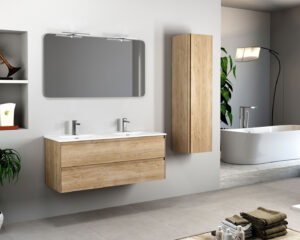 Natural oak double-basin wall hung unit with lit mirror and tall side cabinet in a spacious grey bathroom