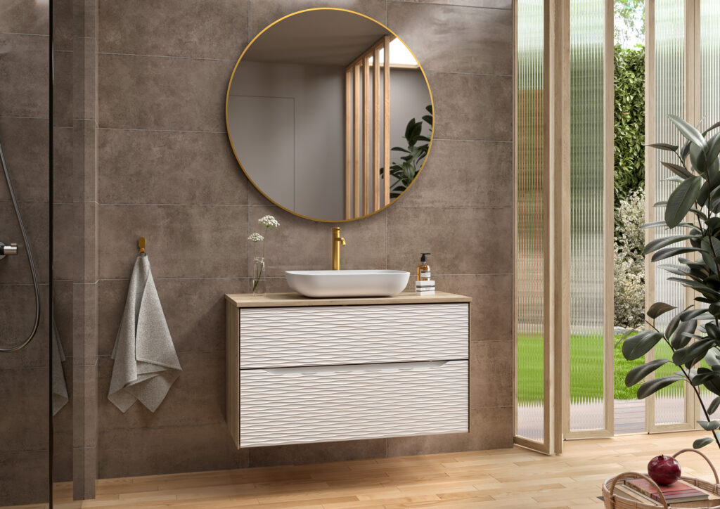White wave-textured two-drawer vanity unit with oak worktop and white countertop basin