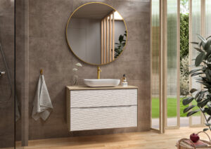 White wave-textured two-drawer vanity unit with oak worktop and white countertop basin