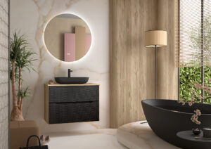 Black ribbed two-drawer vanity unit with oak top and black vessel basin beside freestanding bath